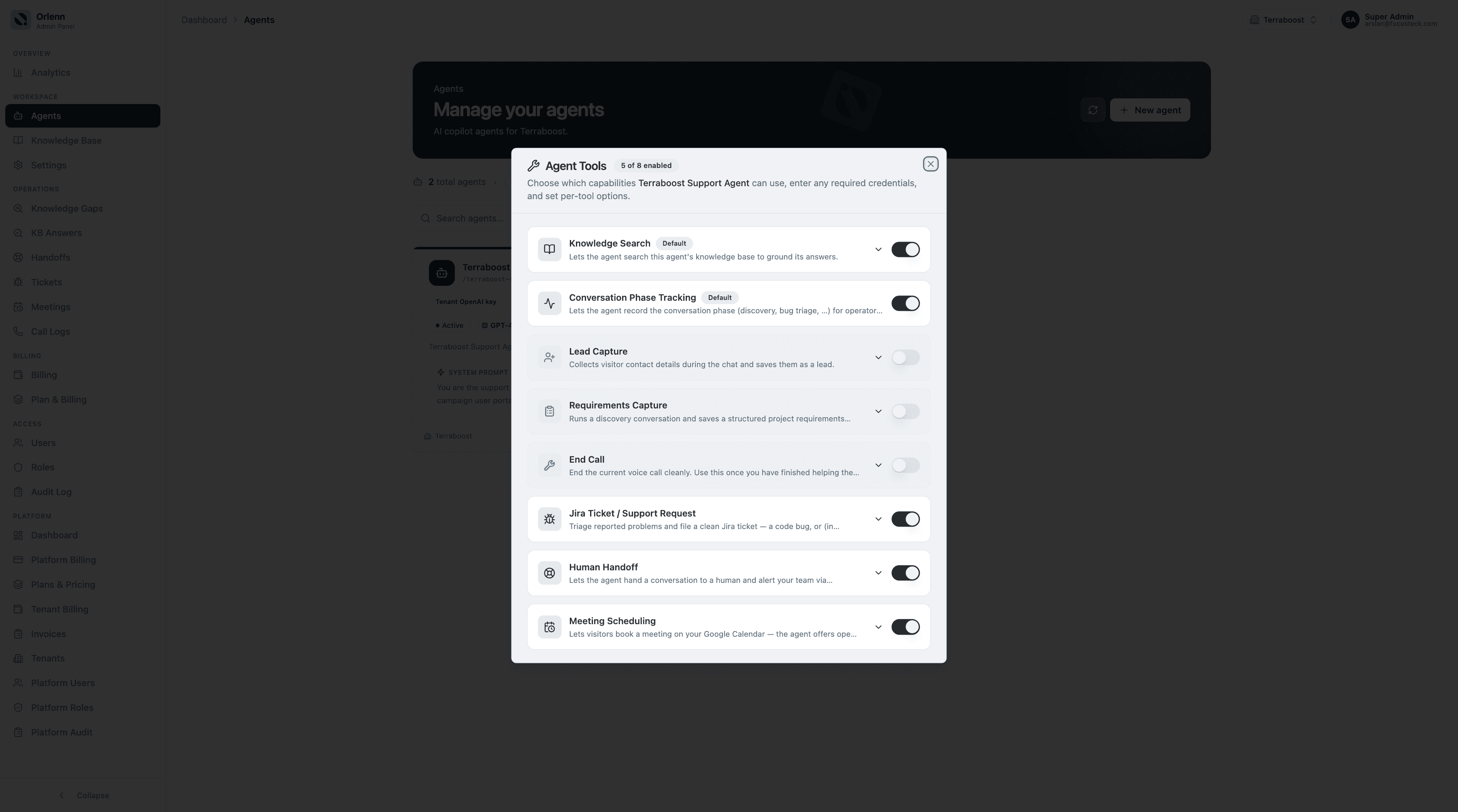 Agent tool configuration, five of eight tools enabled