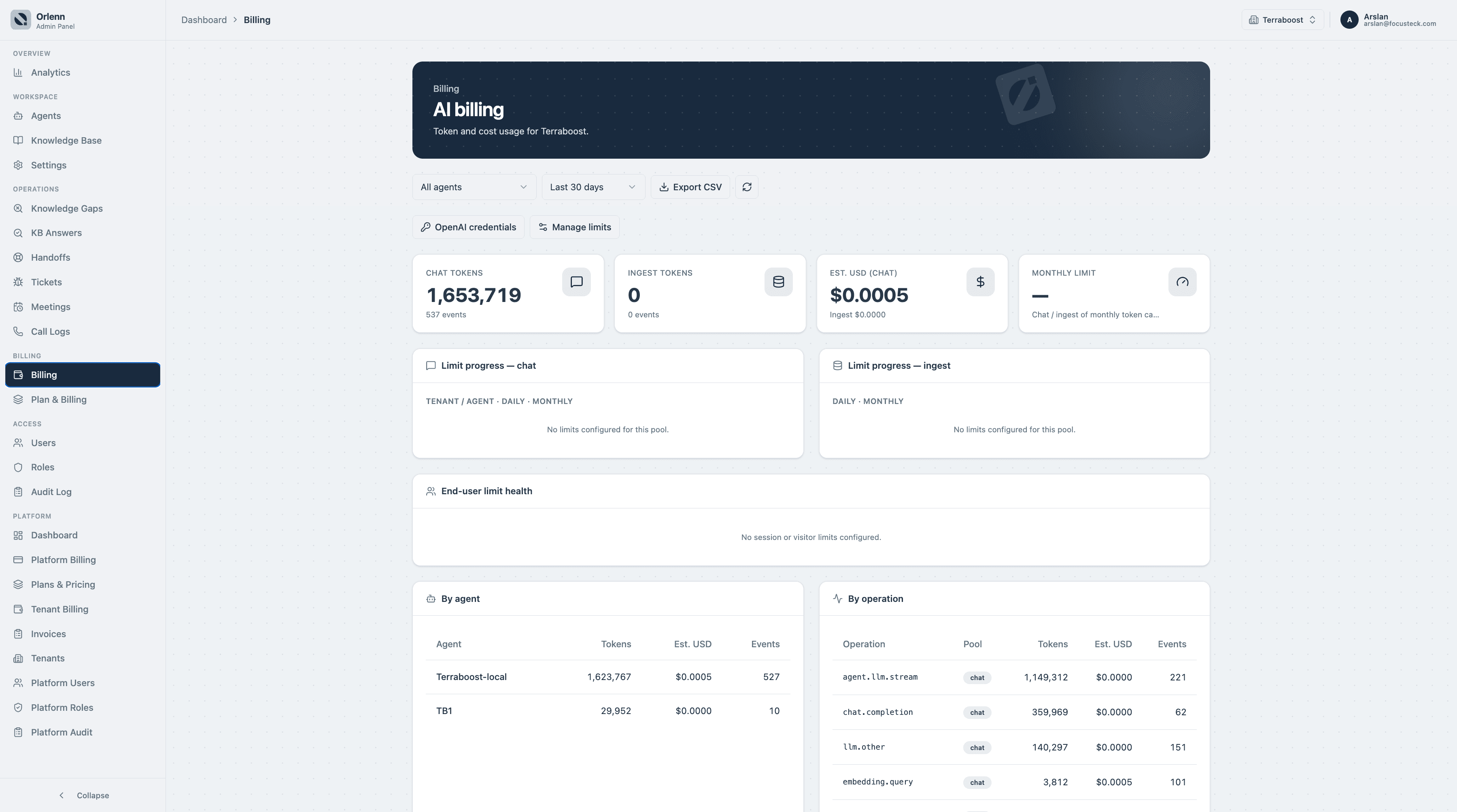Billing and usage in Orlenn