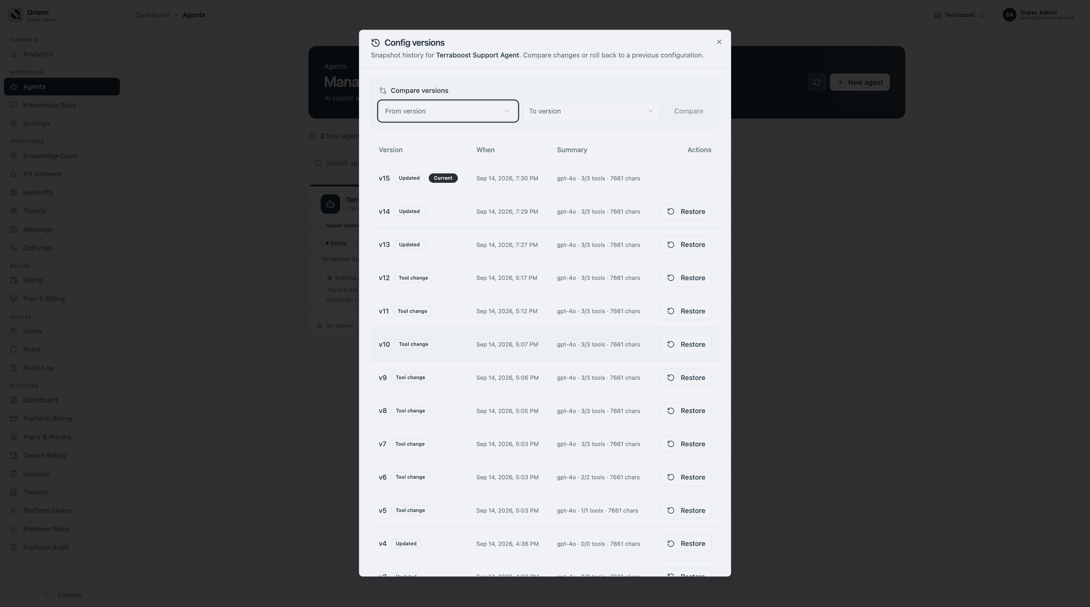 Config version history with compare and restore